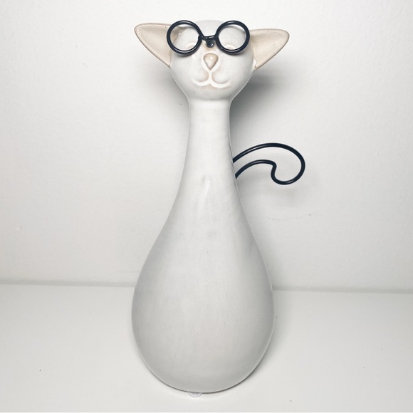 Source Unknown Other - Ceramic Cat with Round Glasses, White, Cat Decor